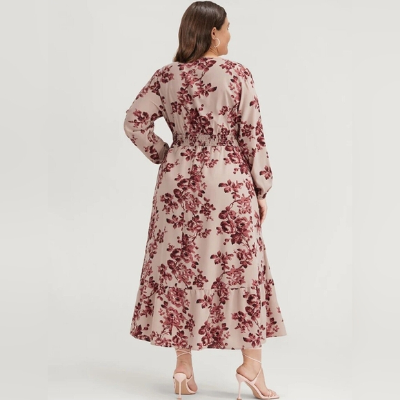 Floral Wrap Lantern Sleeve Pocket Shirred Ruffle Hem Dress - Picture 2 of 4